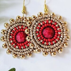2/$27 | Gold + Red Shield Beaded Indigenous Hoop Earrings | Handmade